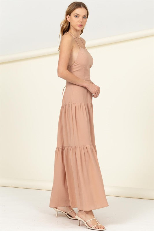 Women's Boho Tiered Maxi Dress with Lace-Up Back