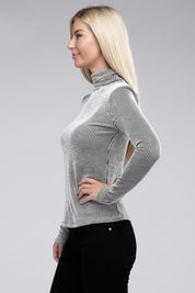 Women's Relaxed Ribbed Turtle Neck Long Sleeve Top