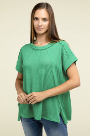 Brushed Waffle Exposed-Seam Short Sleeve Top