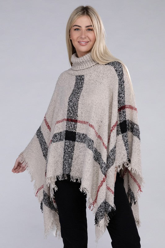 Women's Stretch Plaid Turtleneck Knit Poncho