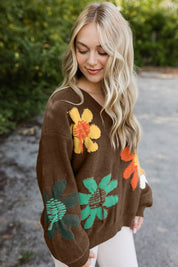 Women's Floral V-Neck Drop Shoulder Sweater