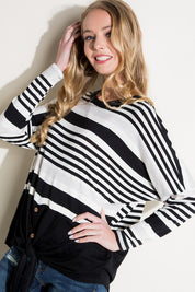 Women's Loose Fit Stripe and Solid Long Sleeve Top