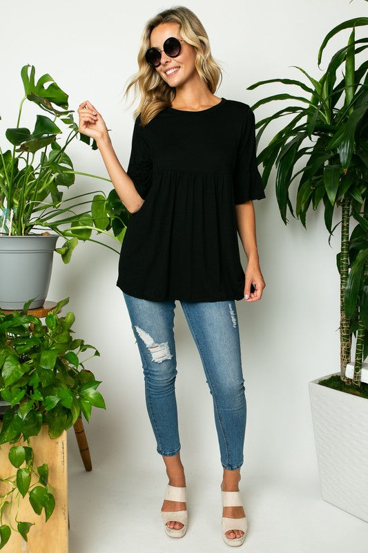 Women's Solid Ruffle Sleeve Loose Fit Top