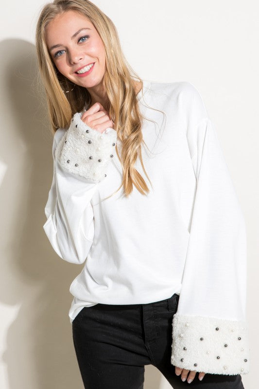 Women's Casual Faux Fur Pearls Sweatshirt