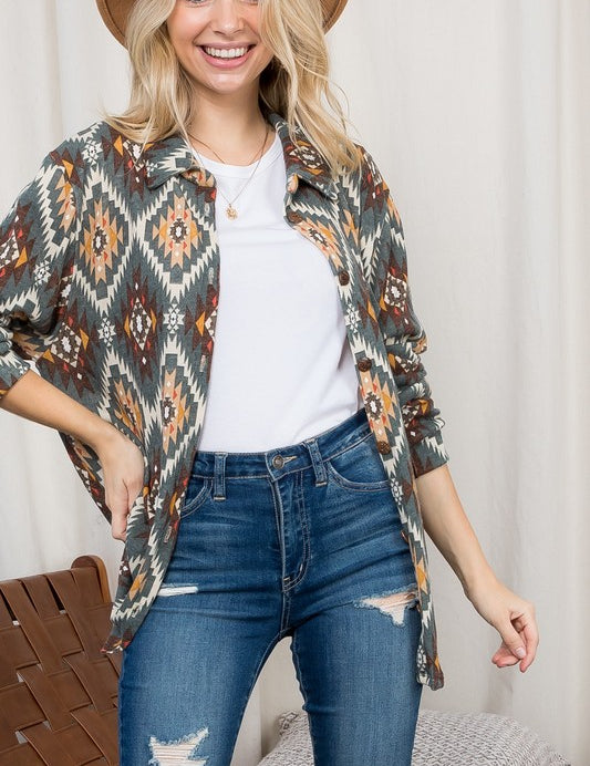 PLUS FUZZY AZTEC BUTTON DOWN SHACKET