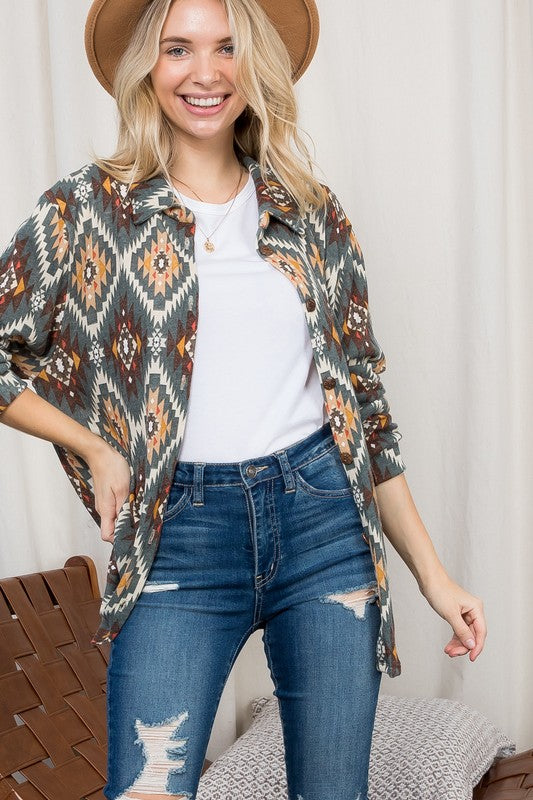 Women's Plus Oversized Fuzzy Aztec Button Down Shacket