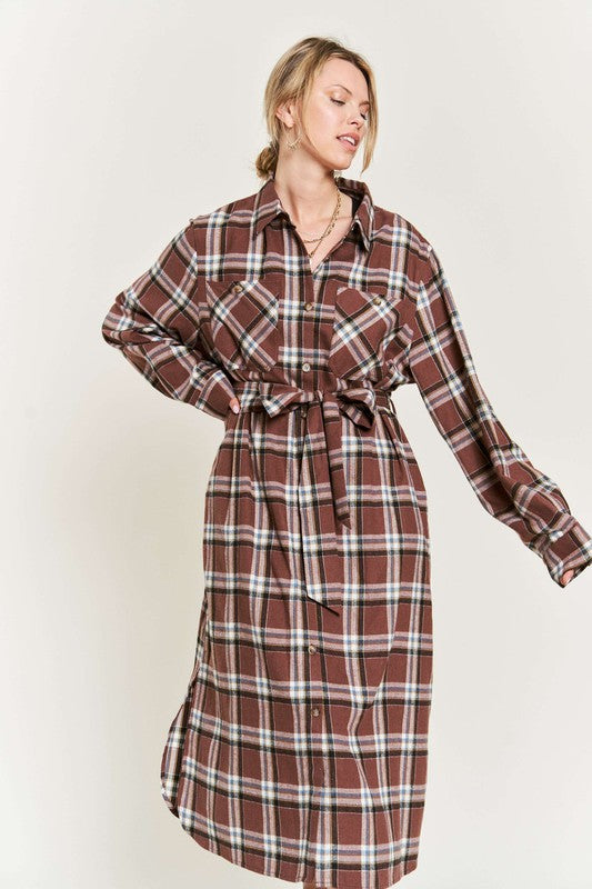 Women's Belted Plaid Print Long Shirt Dress