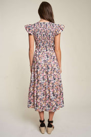 Women's Vintage Floral Flutter Smocking Midi Dress