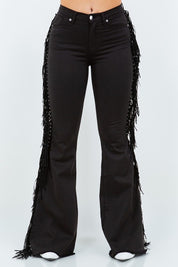 Women's High Rise Tassel Fringe Bell Bottom Jeans