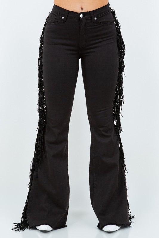 Women's High Rise Tassel Fringe Bell Bottom Jeans