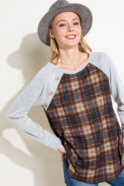 Women's Casual Plaid Mixed Button Detail Long Sleeve Top