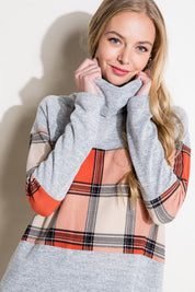 Women's Casual Loose Fit Plaid Mixed Turtle Neck Top