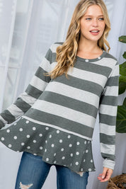 Women's Casual Loose Fit Polka Dot Stripe Tunic Top