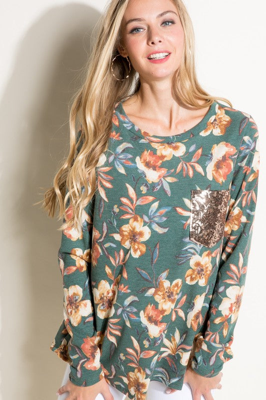 Women's Floral Sequence Pocket Round Neck Plus Top