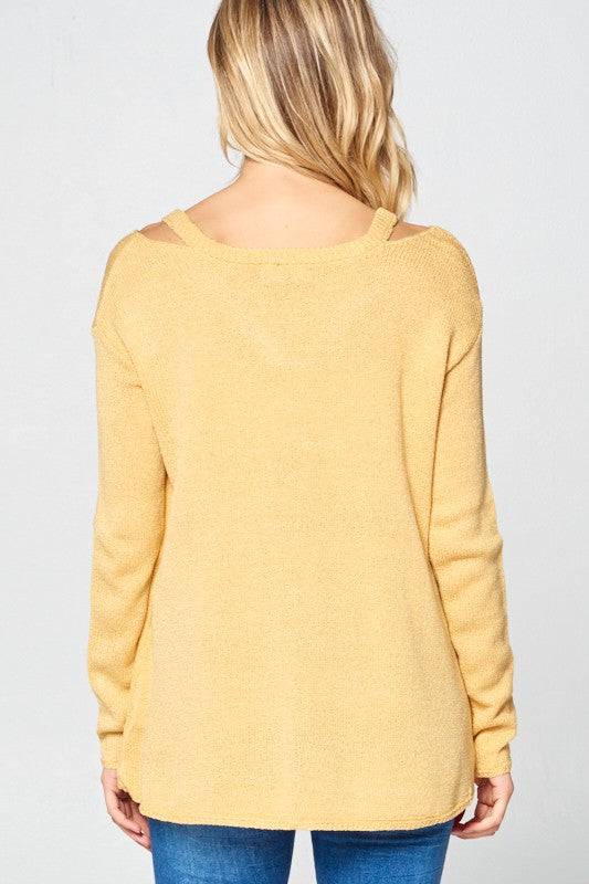 Women's Casual Loose Fit V Neck Cold Shoulder Sweater