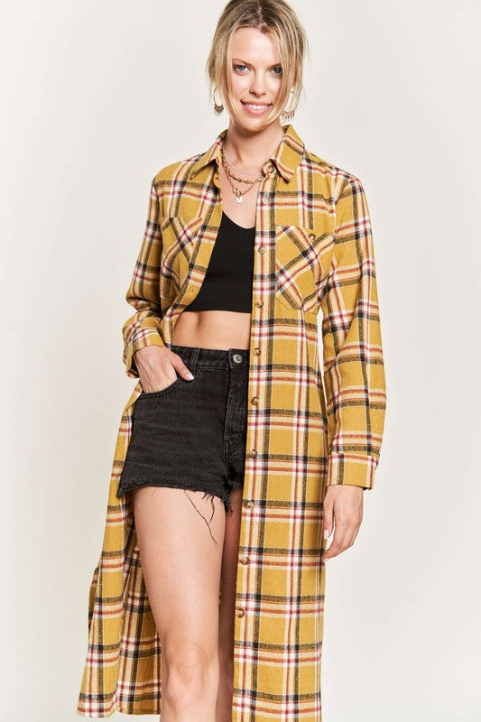 Women's Belted Plaid Print Long Shirt Dress