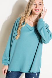 Women's Solid Waffle V Neck High Low Boxy Top