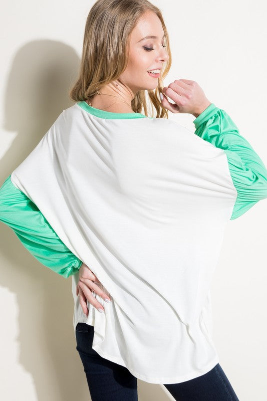 Women's Loose Fit Color Block Puff Sleeve Top