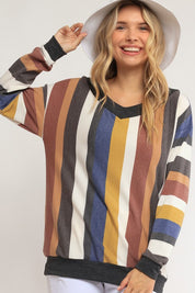 Women's Loose Fit Wide V Neck Stripe Sweatshirt