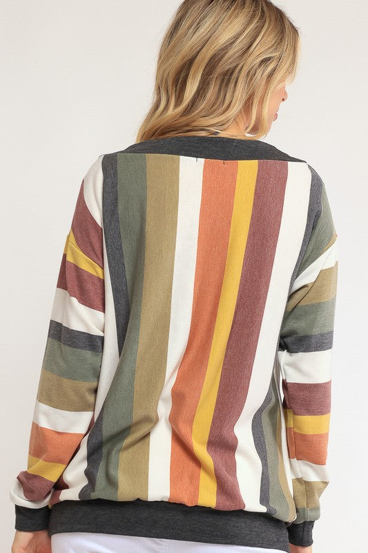 Women's Loose Fit Wide V Neck Stripe Sweatshirt