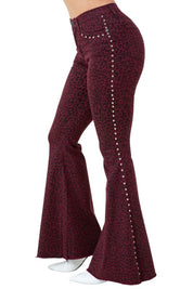 Women's Burgundy Leopard Print Studded Bell Bottom Jeans