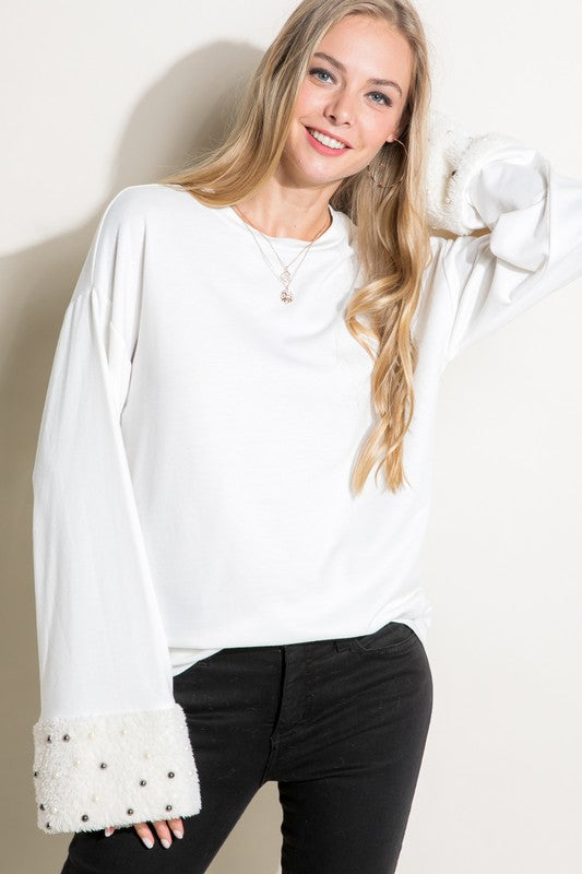 Women's Casual Faux Fur Pearls Sweatshirt