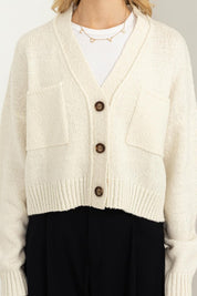 Women's Cropped V-Neck Cardigan Sweater with Button Closure