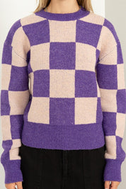 Women's Relaxed Fit Checkered Long Sleeve Sweater