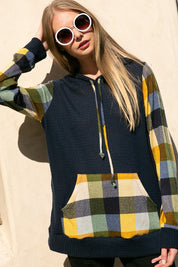 Women's Casual Loose Fit Plaid Mixed Hoodie Sweatshirt