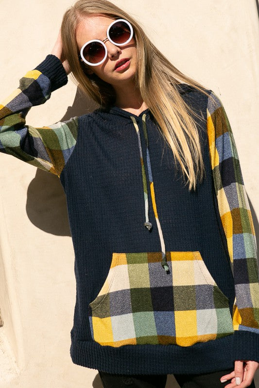 Women's Casual Loose Fit Plaid Mixed Hoodie Sweatshirt