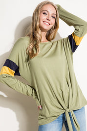 Women's Casual Color Block Front Tie Long Sleeve Top