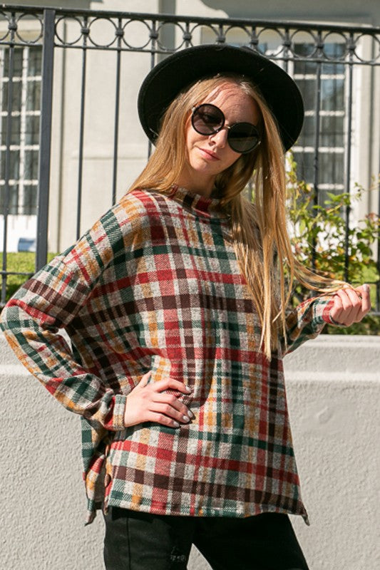 Women's Oversized Plaid Mock Neck Top with Side Buttons