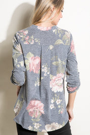 Women's Casual Floral Split Neck Long Sleeve Top