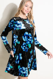 Women's Loose Fit Floral Print Velvet Swing Mini Dress