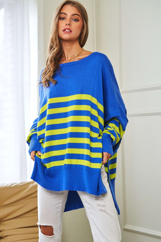 Women's Loose Fit Multi-Striped Elbow Patch Sweater Top