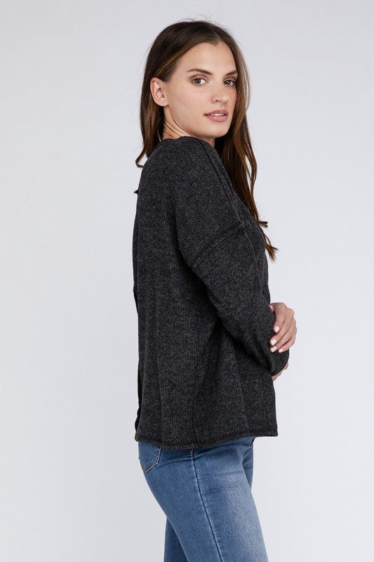 Women's Oversized Ribbed Melange Hacci Sweater with Pocket