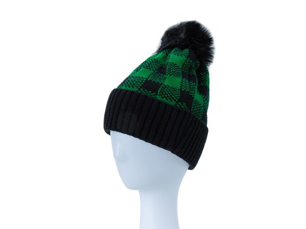 Unisex Slouchy Checkered Pom Pom Beanie