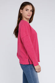 Women's Oversized Ribbed Melange Hacci Sweater with Pocket