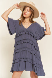 Women's Tiered Ruffle Mini Dress with Flare Sleeves