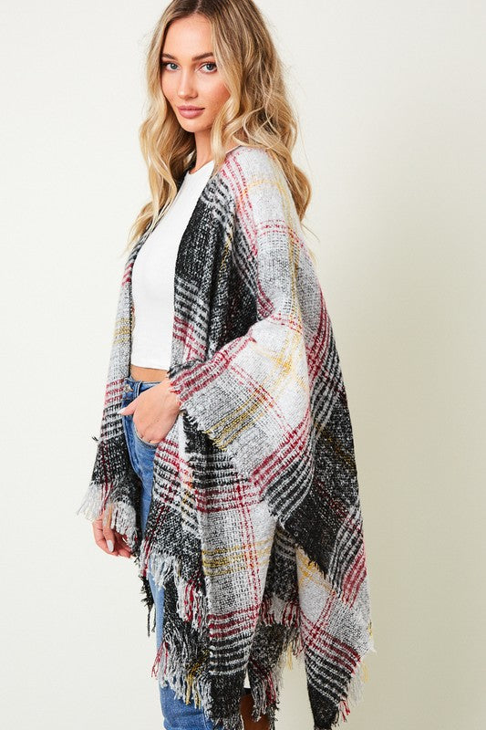 Women's Casual Multi Color Plaid Fringe Trim Poncho Shawl