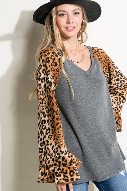 Plus Size Casual V-Neck Cheetah Mixed Blouse Top