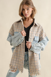 Women's Oversized Tweed Denim Shacket with Fringed Hem