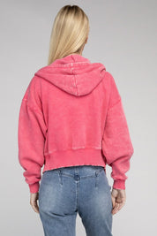 Women's Relaxed Fit Acid Wash Fleece Cropped Zip-Up Hoodie