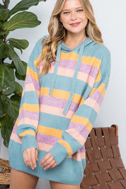 Women's Oversized Multi Stripe Pullover Hoodie Sweater