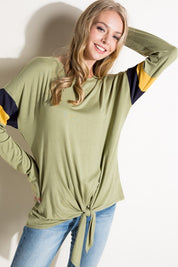 Women's Casual Color Block Front Tie Long Sleeve Top