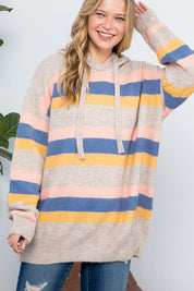 Women's Oversized Multi Stripe Pullover Hoodie Sweater