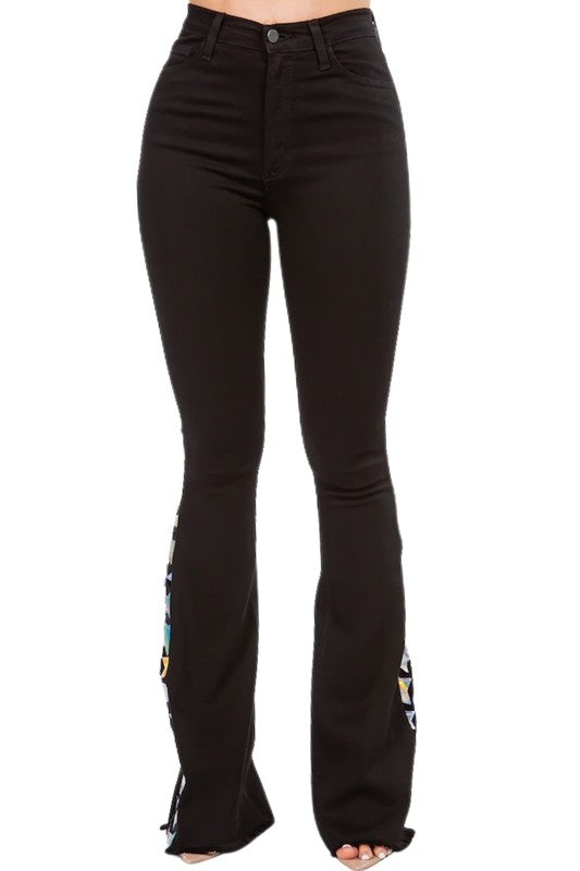 Women's High Rise Black Bell Bottom Jeans with Star Embellishments