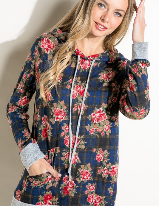 Women's Casual Plaid Floral Mix Hoodie Sweatshirt