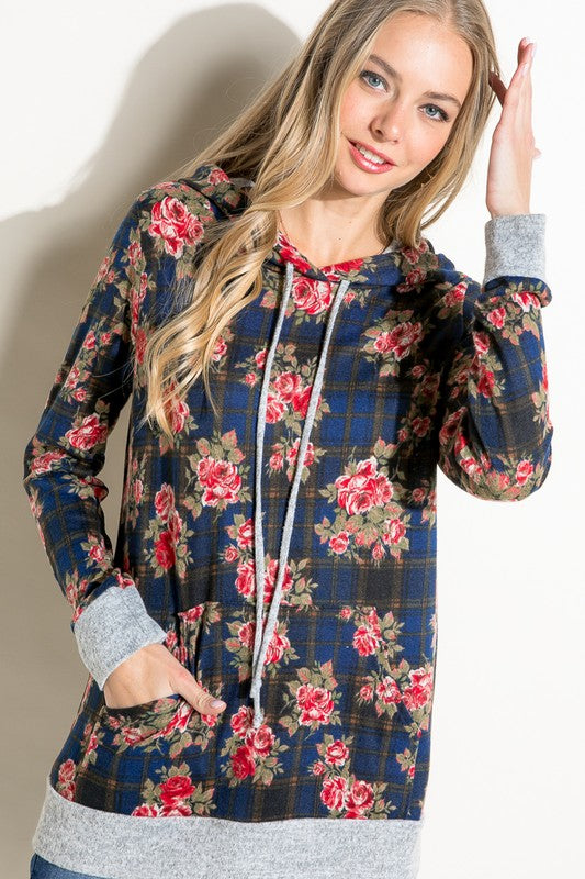 Women's Casual Plaid Floral Mix Hoodie Sweatshirt