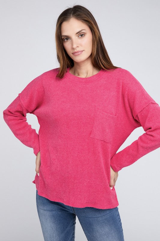 Women's Oversized Ribbed Melange Hacci Sweater with Pocket